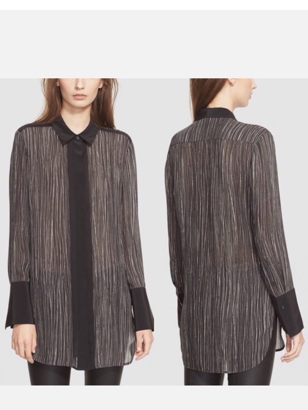 Vince Sheer Striped Tunic Blouse in Black and white